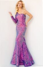 Jovani 24098 lilac mermaid dress with one-shoulder design, front view