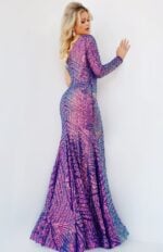 Back side of model in Jovani 24098 lilac one-sleeve dress