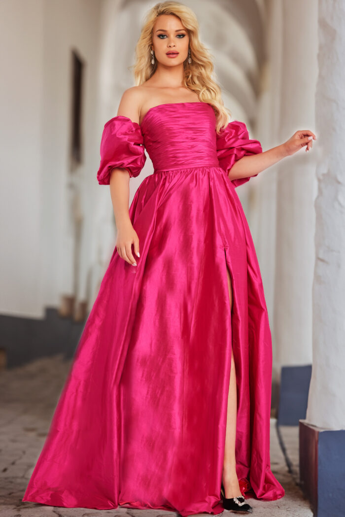 Model wearing Fuchsia Strapless A Line Gown 24099