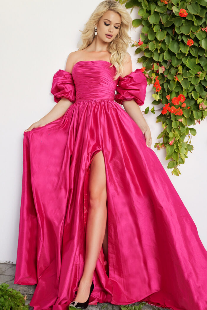 Model wearing Fuchsia Strapless A Line Gown 24099