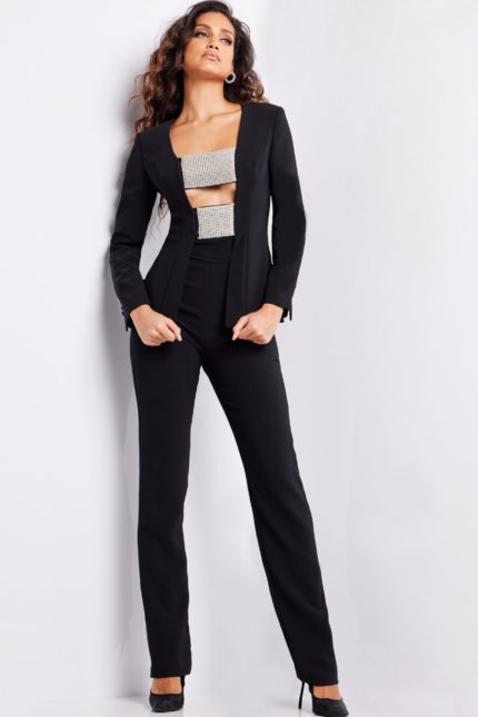 model wearing 24119 black jumpsuit with square neckline and long sleeves front view