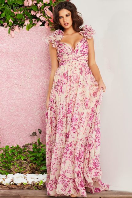 Model wearing Jovani 24139 floral gown with ruffled sleeves