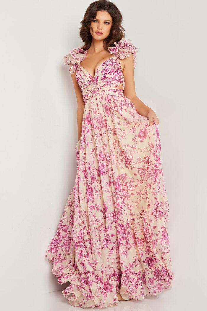 Model wearing Print Pleated Bodice Maxi Gown 24139
