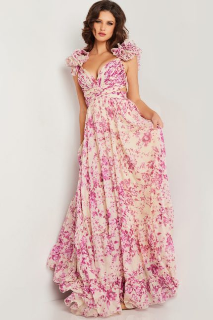 Model wearing Jovani 24139 with floral print and V-neckline