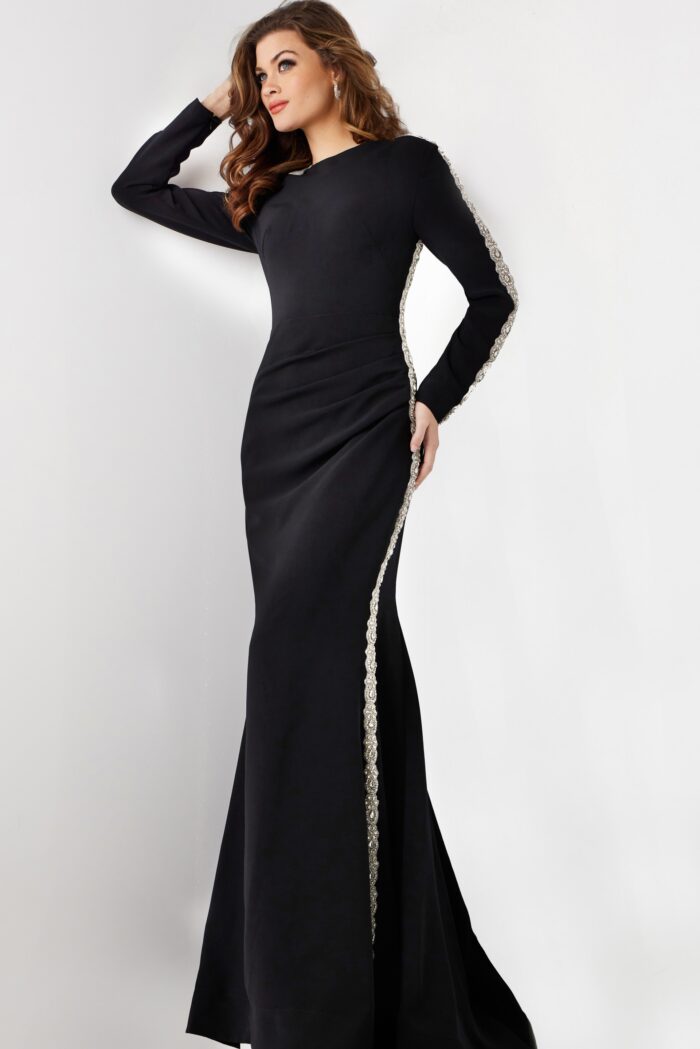 Model wearing Black Embellished Long Sleeve Evening Dress 24191