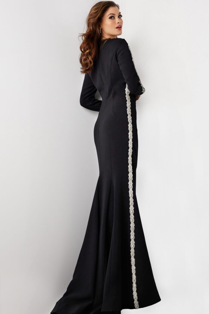 Model wearing Black Embellished Long Sleeve Evening Dress 24191