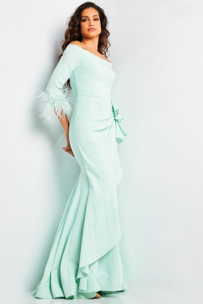 Model wearing Mint Three Quarter Sleeve Ruched Gown 24195