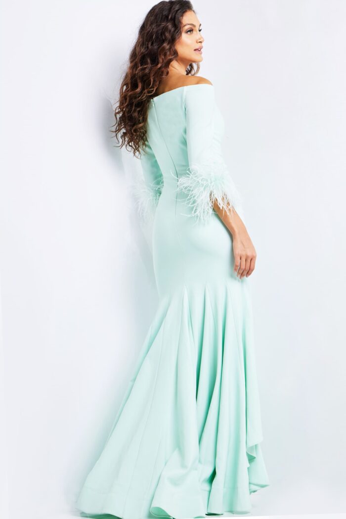 Model wearing Mint Three Quarter Sleeve Ruched Gown 24195