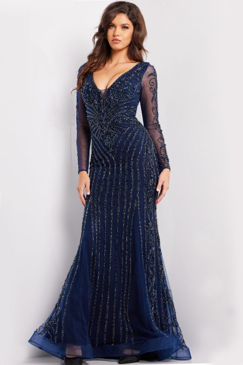 Navy Beaded Long Sleeve Dress 24236