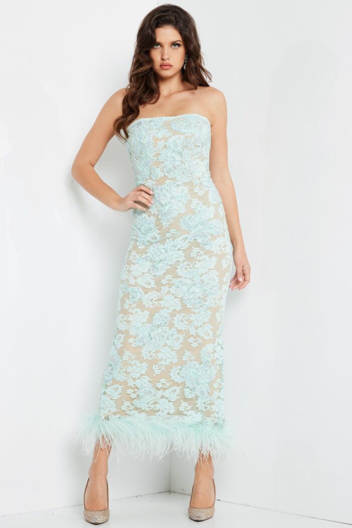 Model wearing Jovani 24256 Aqua Lace Evening Dress