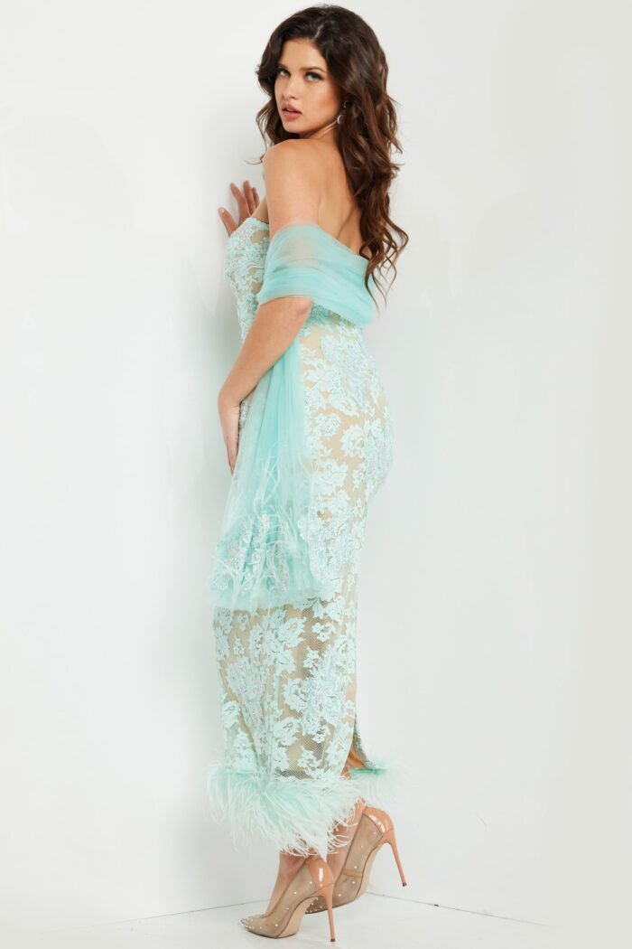 Model wearing Jovani 24256 Aqua Lace Evening Dress