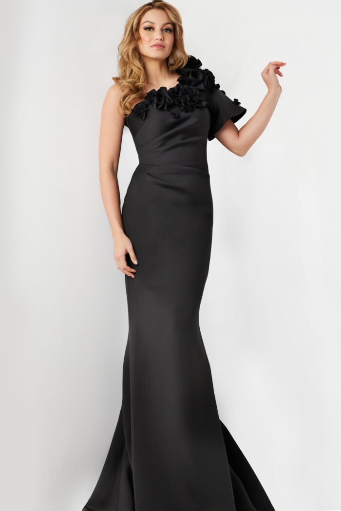 Model wearing Jovani 24279 Black One Shoulder Short Sleeve Evening Gown