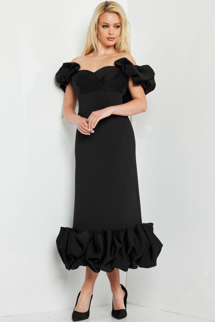 Model wearing Short 24535 Black Fitted Bodice Evening Dress