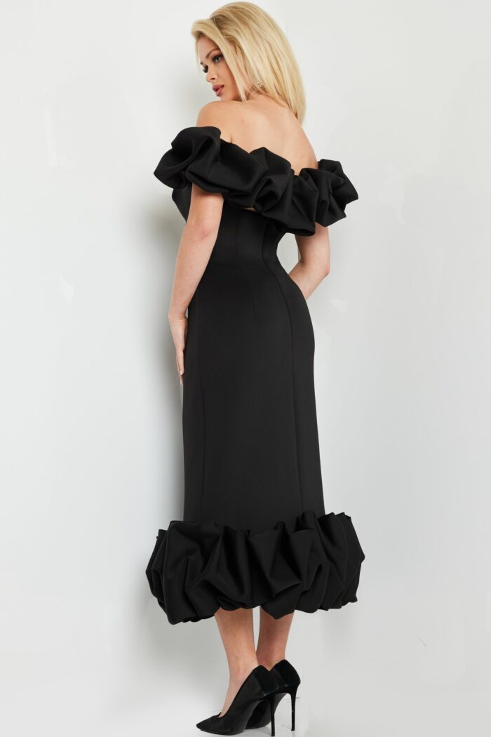 Model wearing Short 24535 Black Fitted Bodice Evening Dress