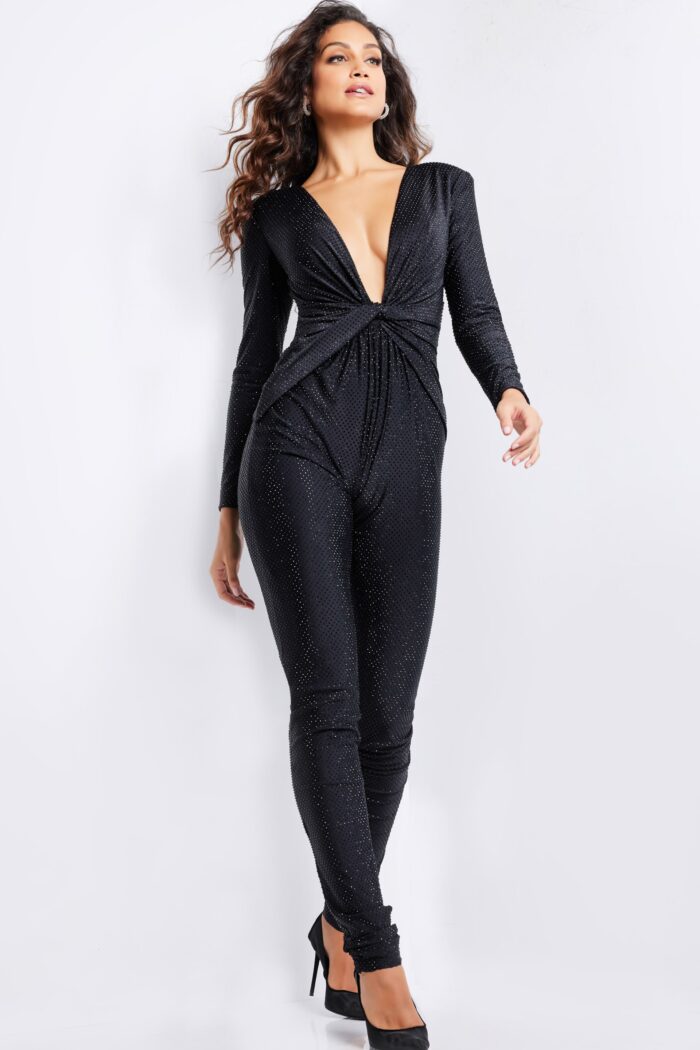 Model wearing Black Beaded V Neckline Contemporary Jumpsuit 24537
