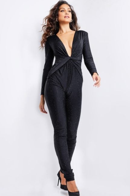 Model showcasing Jovani 24537 black jumpsuit with subtle sparkle details