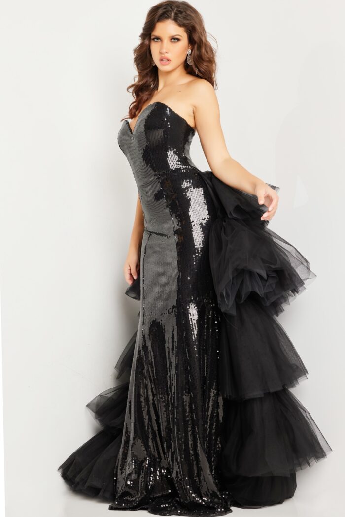 Model wearing Black Sequin Strapless Gown 24554