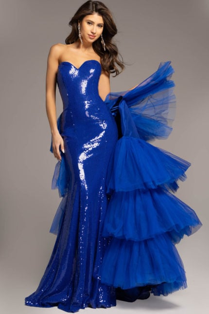 sweetheart neckline blue dress with ruffled back 24554