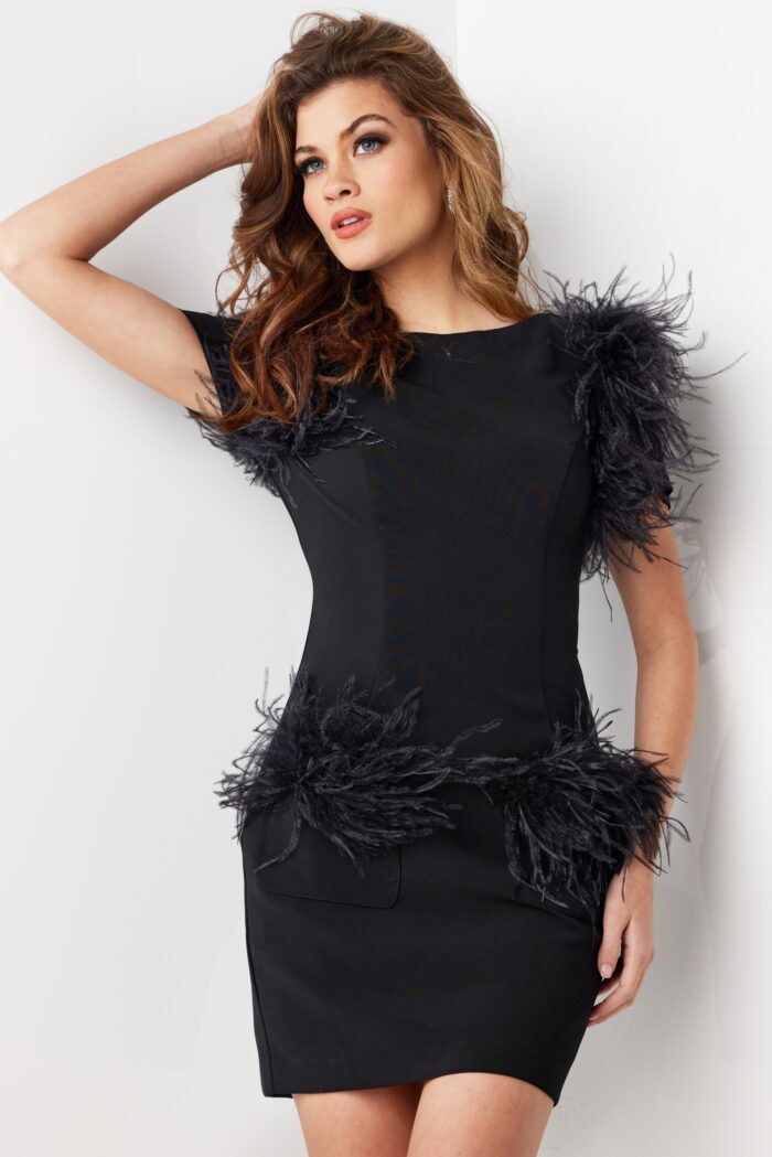 Model wearing Black Feather Details Cocktail Dress 24558