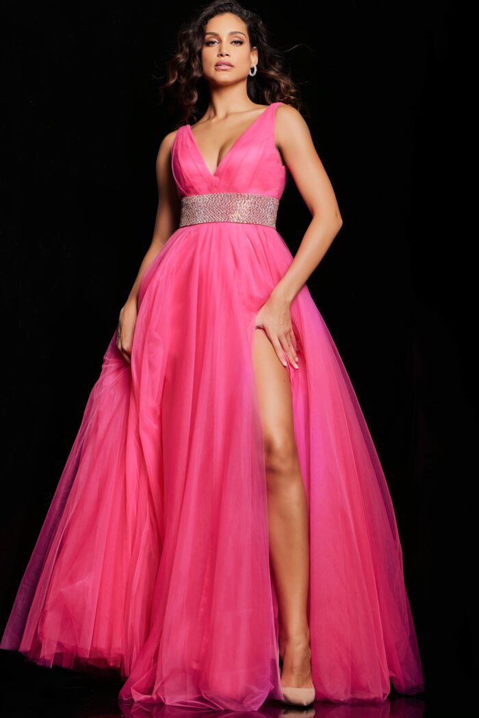 Model wearing Hot Pink Embellished Belt V Neck Ball Gown 24564