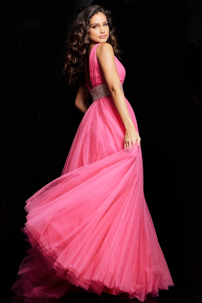 Model wearing Hot Pink Embellished Belt V Neck Ball Gown 24564