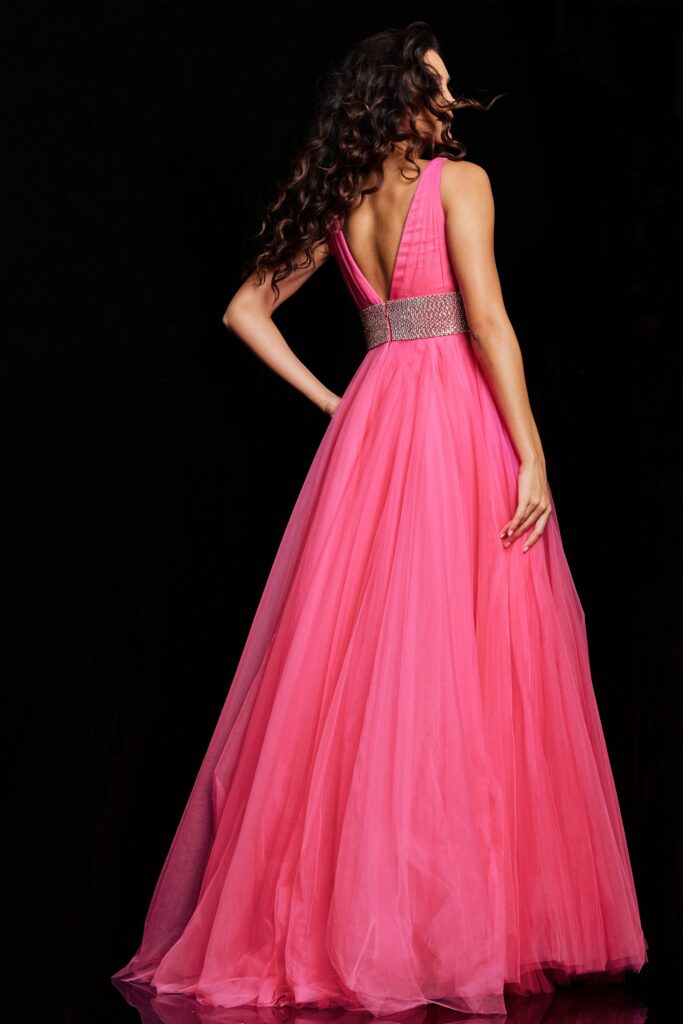 Hot Pink Embellished Belt V Neck Ball Gown 24564