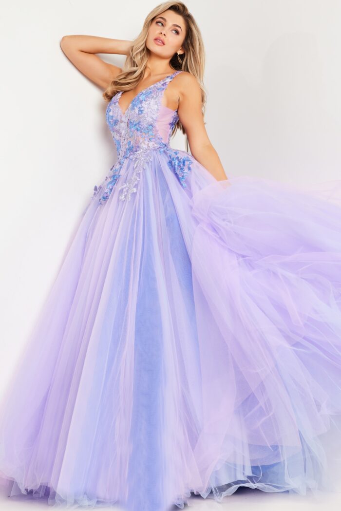Model wearing Lilac Multi Floral Bodice Ballgown 24602