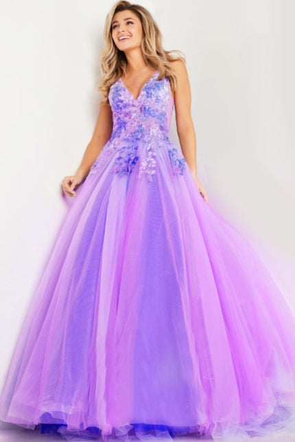 Model wearing Jovani 24602 lilac gown with floral embroidery and A-line silhouette front view