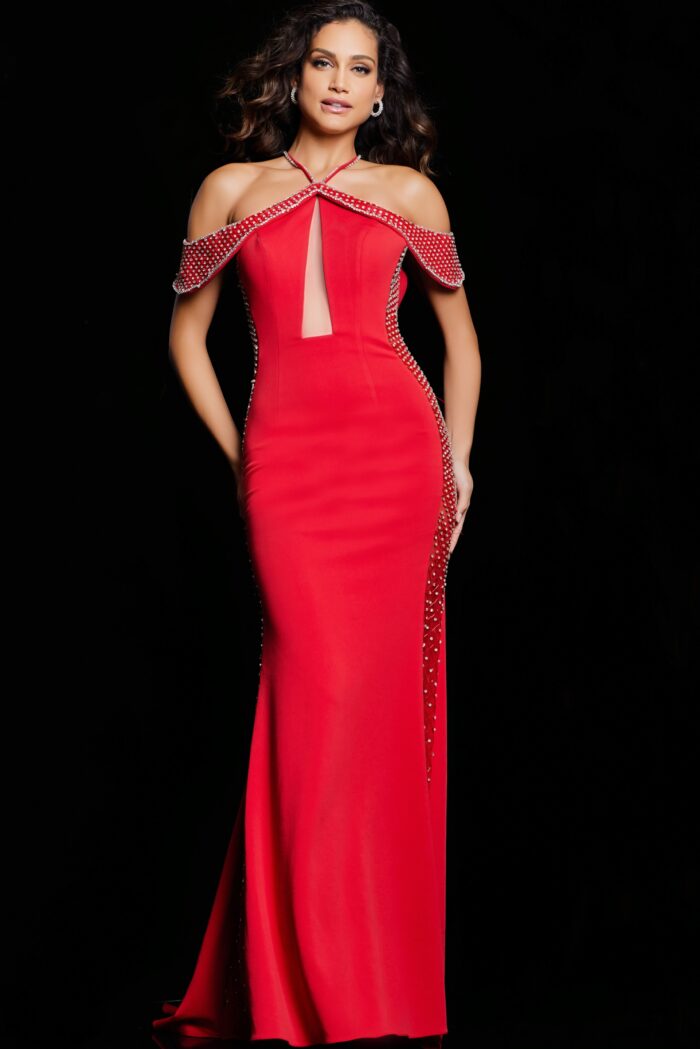 Model wearing Red Off the Shoulder Fitted Dress 24611
