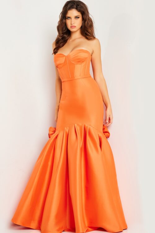 Model wearing Orange Strapless Mermaid Dress 24613