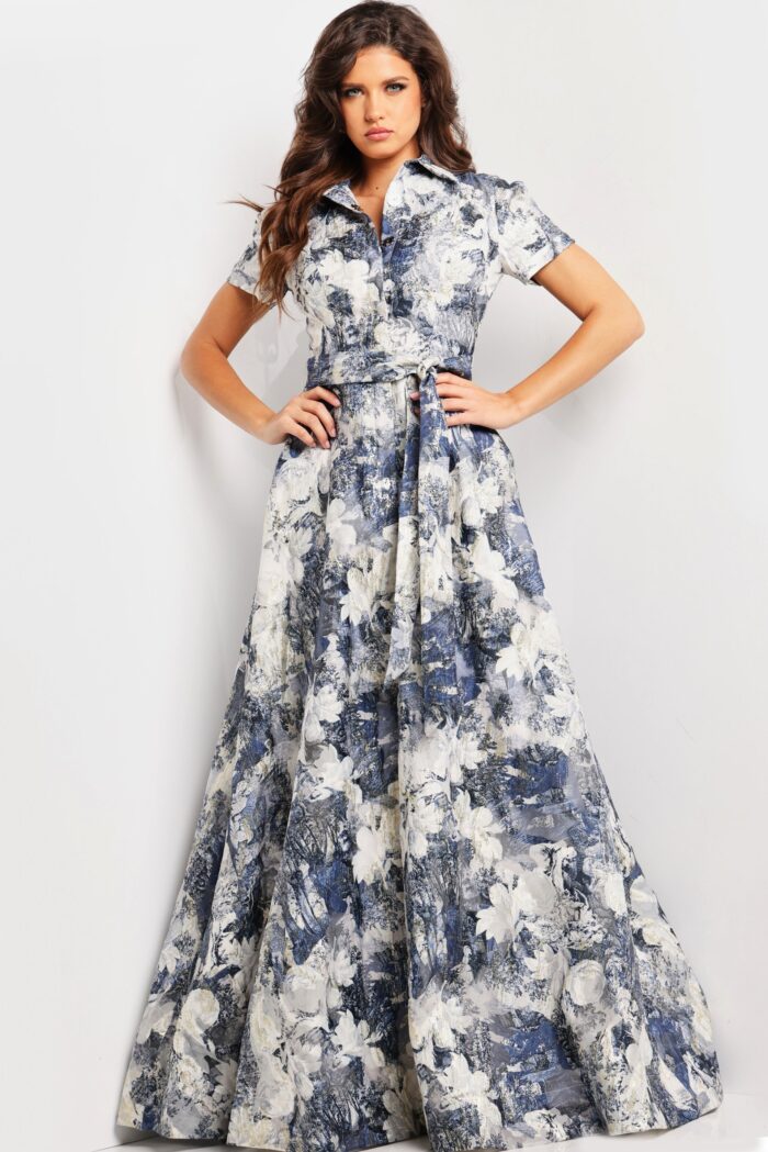 Model wearing Print Short Sleeve A Line Gown 25664