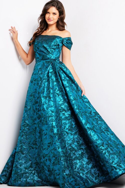 Model wearing Peacock Teal A Line Off the Shoulder Dress 25665