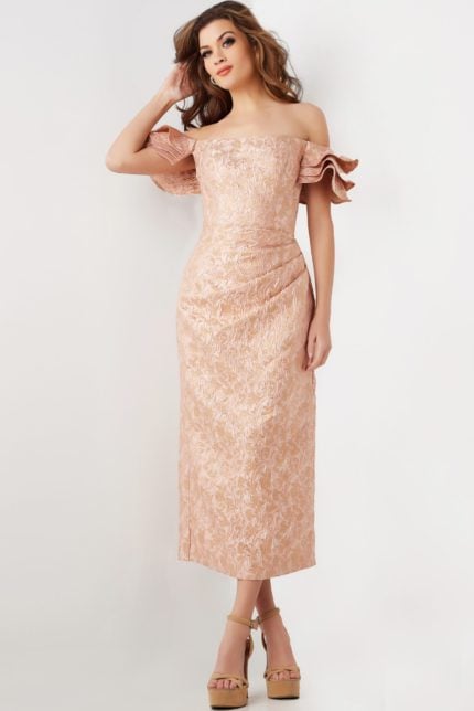 Model wearing Jovani 25667 pink off-the-shoulder midi dress with ruffled sleeves in a front view.