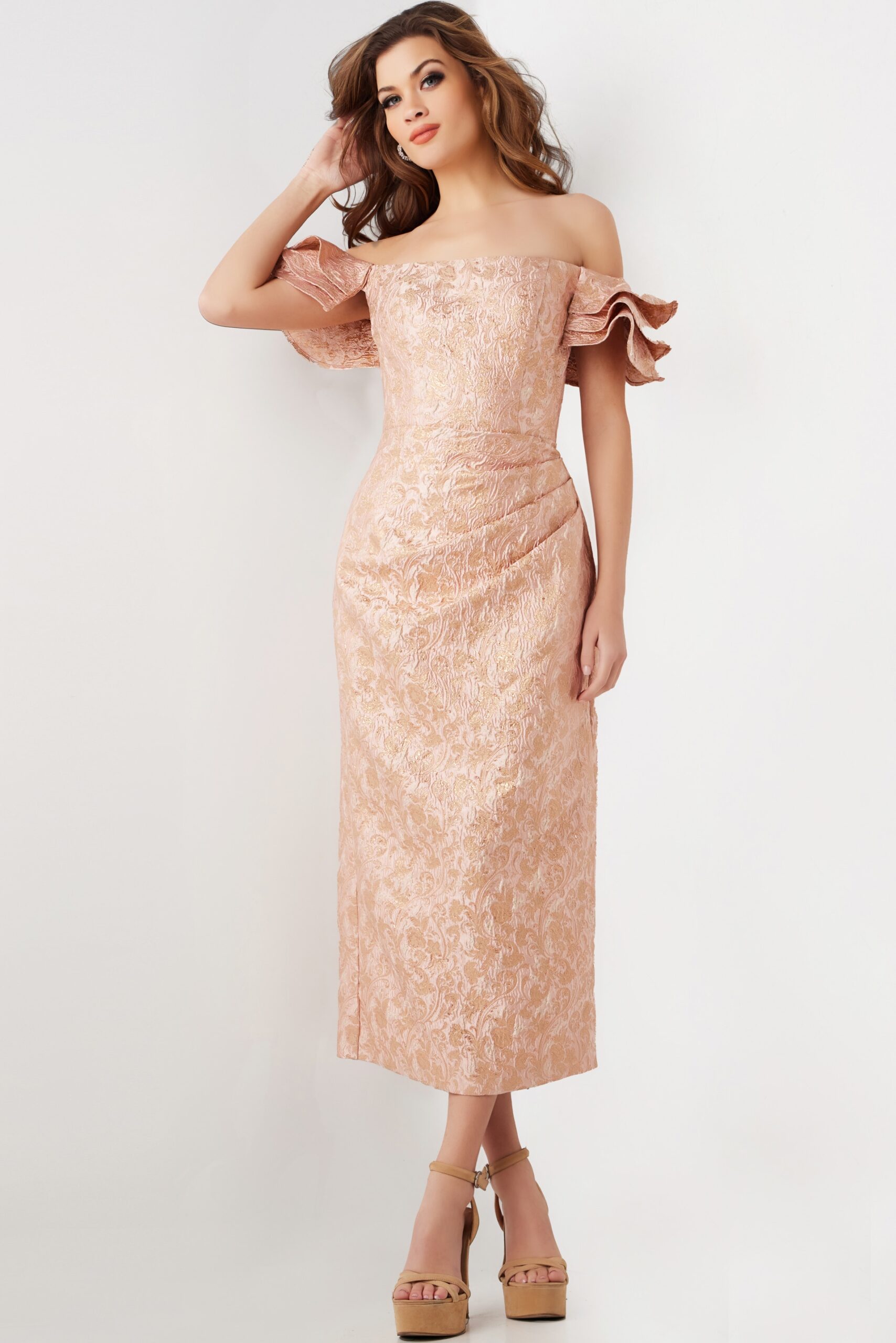 Rose Gold Off the Shoulder Tea Length Dress 25667