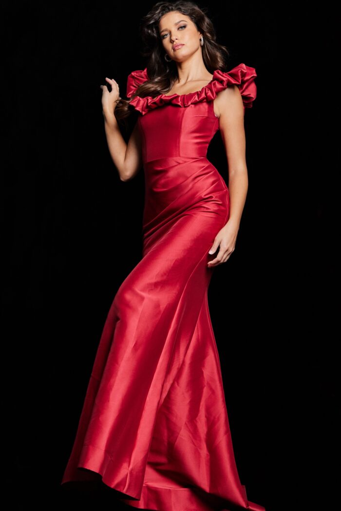 Model wearing Red Ruffle Neckline Mermaid Dress 25675