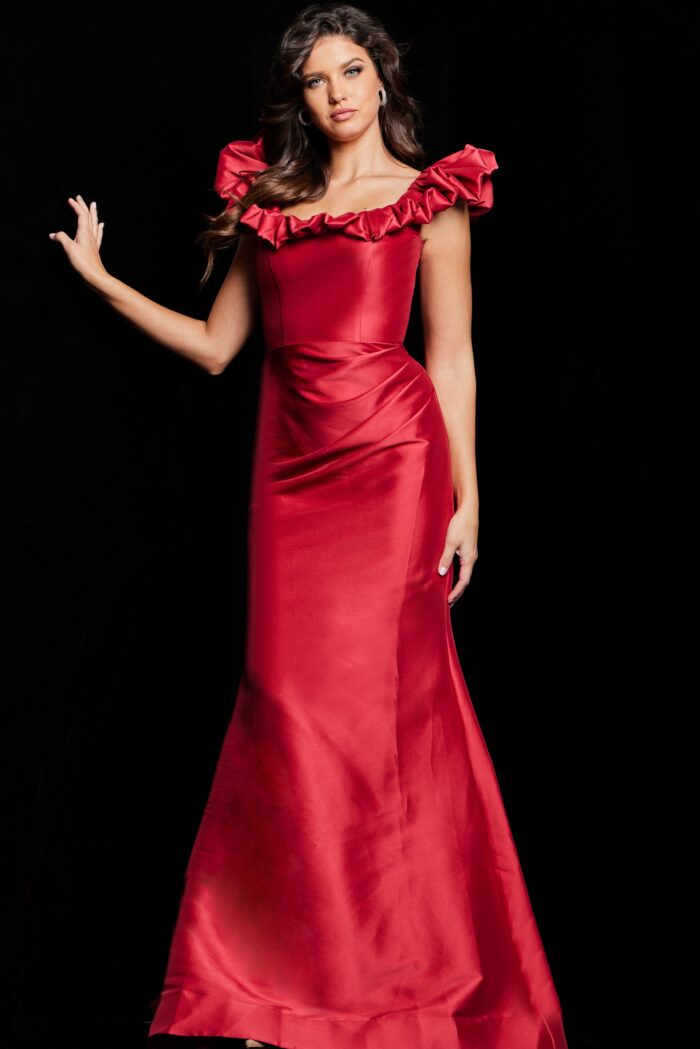 Model wearing Red Ruffle Neckline Mermaid Dress 25675