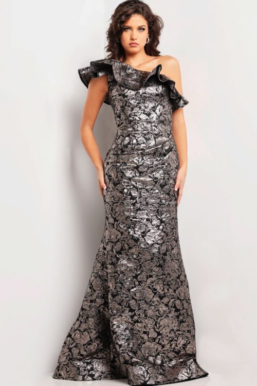 Model wearing Gunmetal Black One Shoulder Mermaid Dress 25676