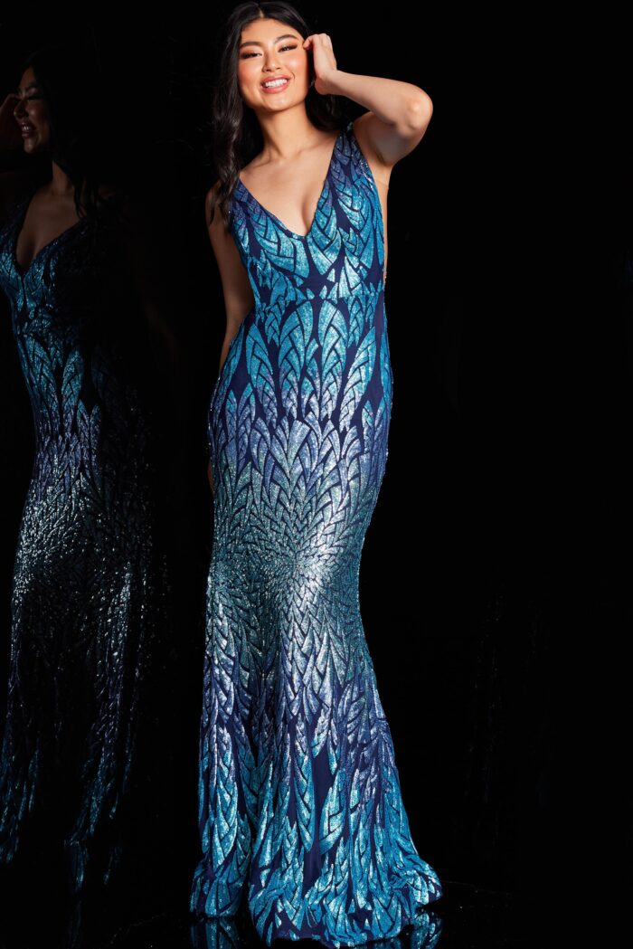 Model wearing Jovani 25687 Blue Multi Sleeveless V Neck Prom Dress