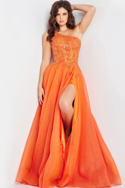 Model wearing Orange Embellished Bodice A Line Gown 25688