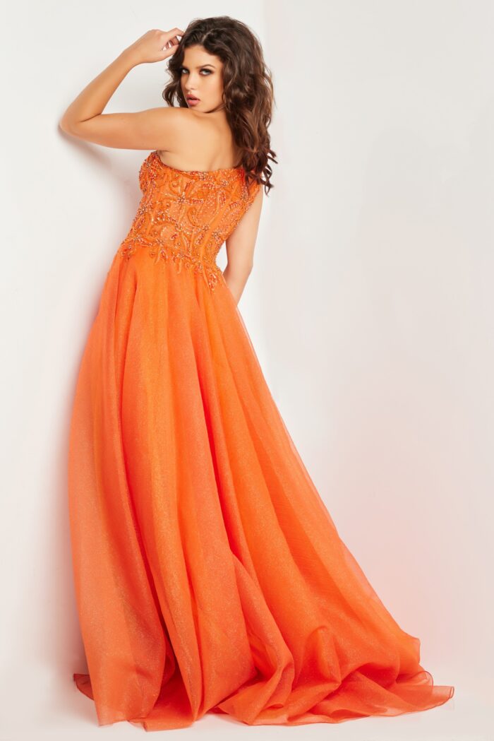 Model wearing Orange Embellished Bodice A Line Gown 25688