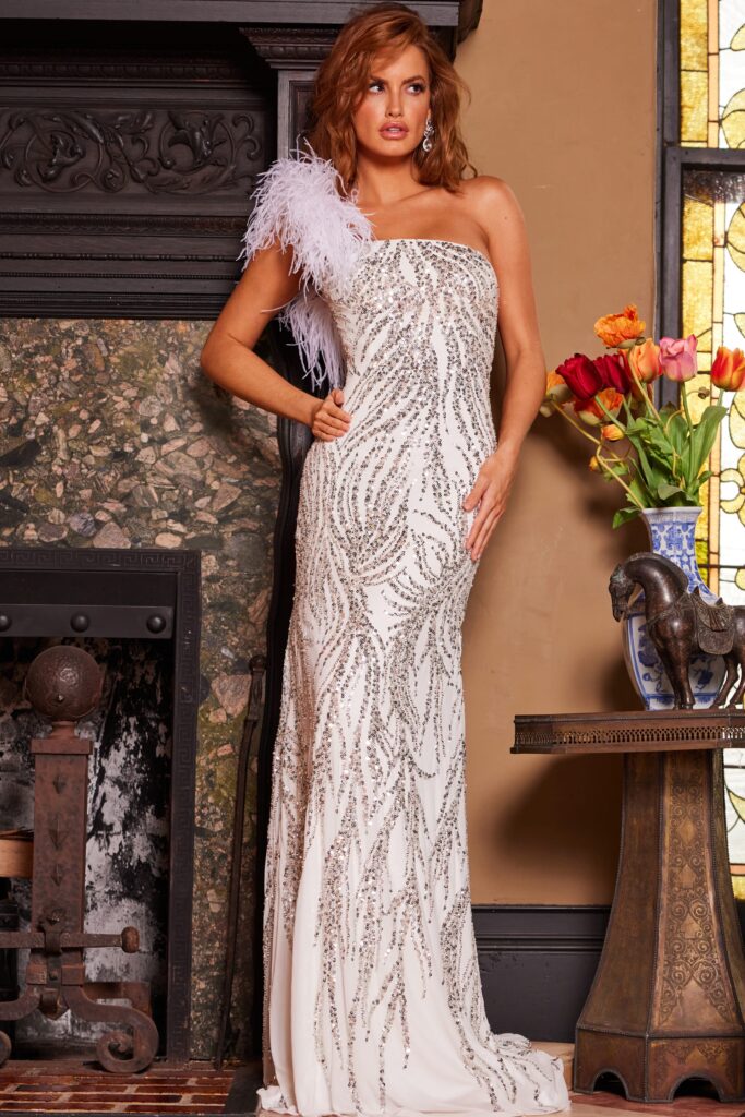 Jovani 25690 Off White Embellished One Shoulder Dress