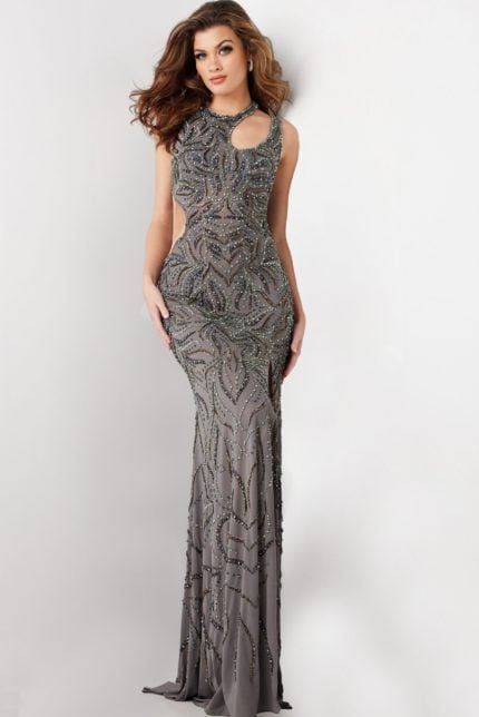 Model wearing Jovani 25692 showcasing the front with detailed beadwork and high slit.