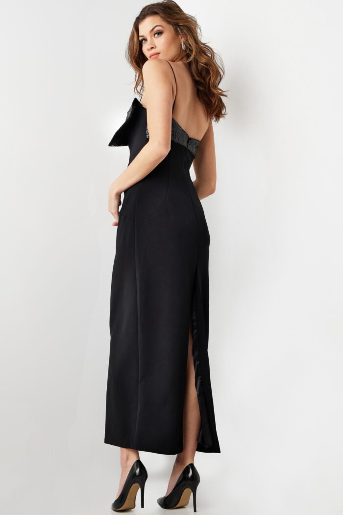 Model wearing Black Embellished Bodice Tea Length Formal Dress 25745
