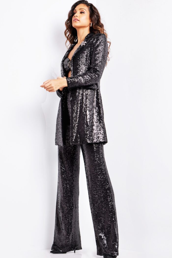 Model wearing Black Beaded Contemporary Suit 25749