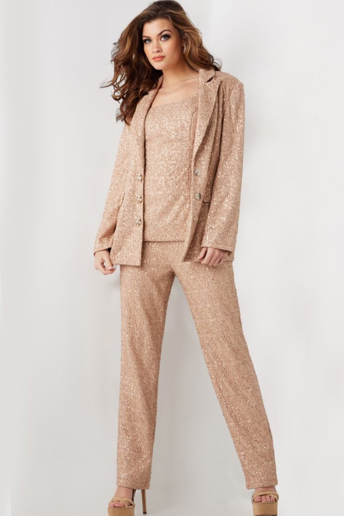 Model wearing Beige Embellished Three Piece Pant Suit 25773