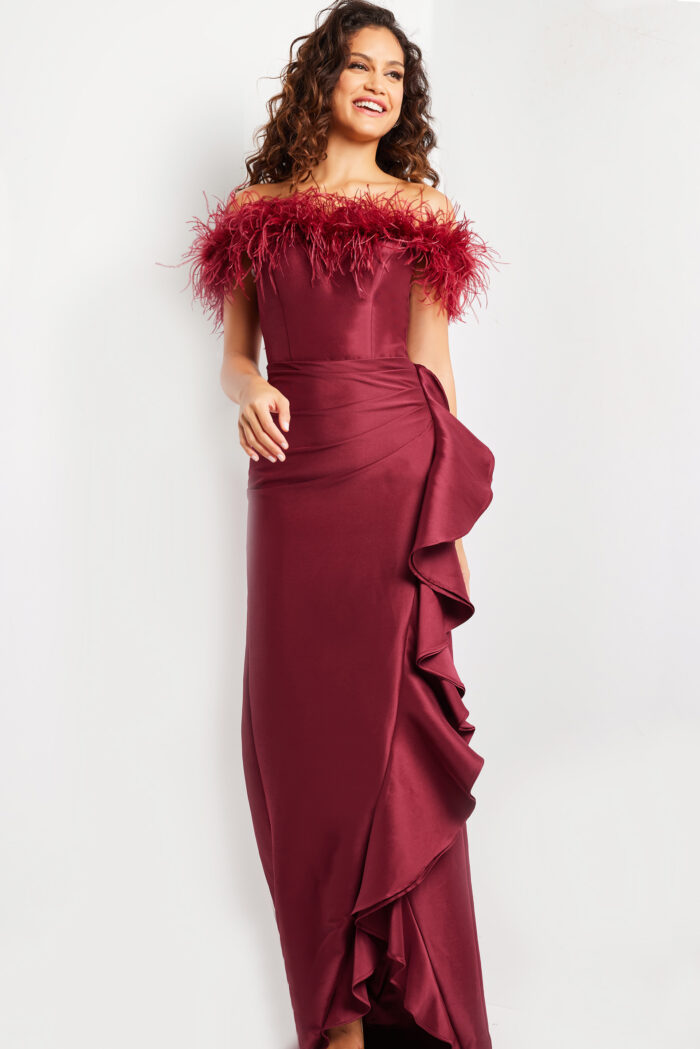 Model wearing Burgundy Off the Shoulder Feather Neckline Dress 25786