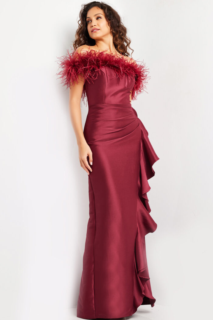 Model wearing Burgundy Off the Shoulder Feather Neckline Dress 25786