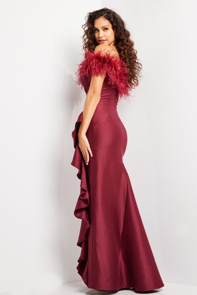 Burgundy Off the Shoulder Feather Neckline Dress 25786