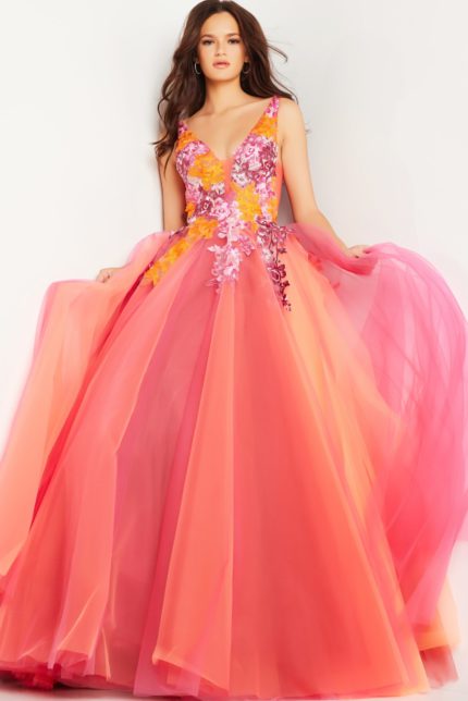 Model wearing Jovani 25800 orange A-line gown with V-neckline and floral details.