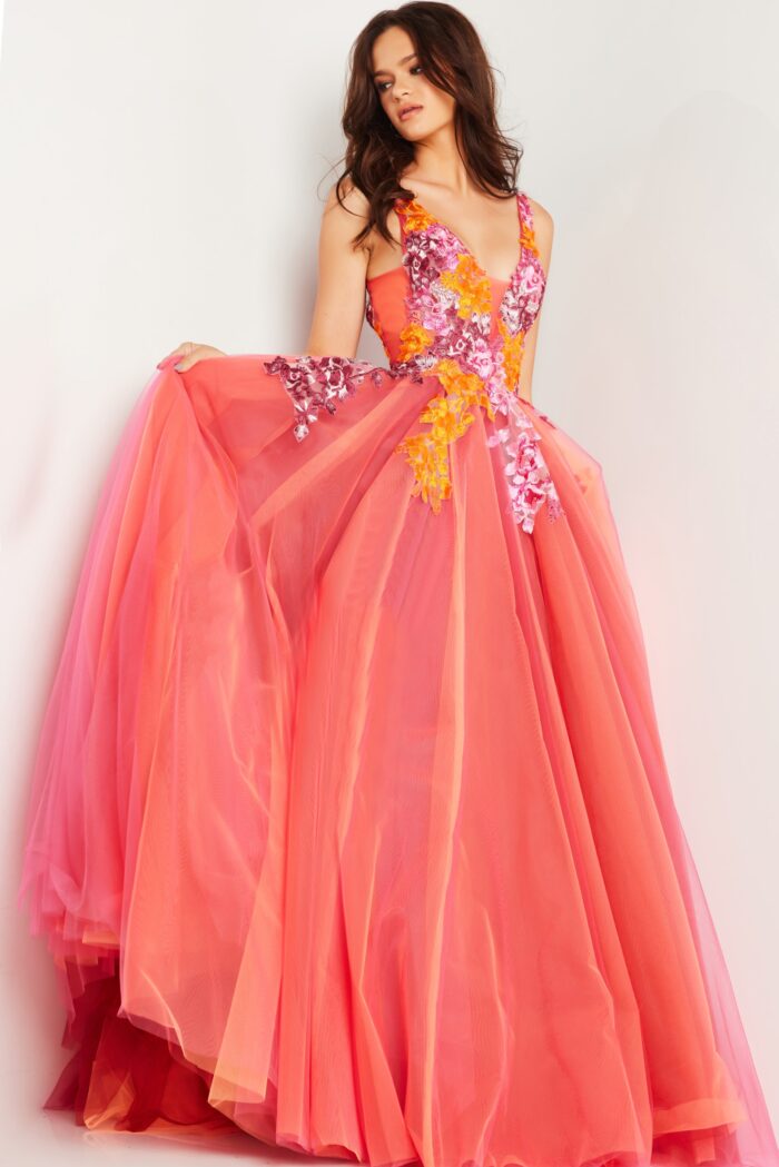 Model wearing Orange Multi Floral Appliques Tulle Ballgown 25800